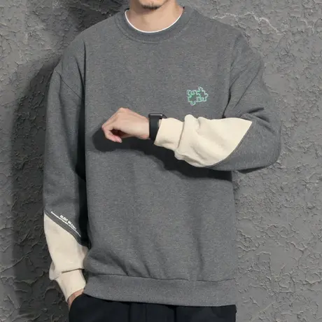 奕飏假两件潮牌卫衣男2021新款潮衣服美式灯芯绒拼接加绒上衣商品大图