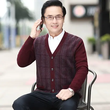 纯羊毛开衫爸爸装中老年人男士毛衣外套v领针织上衣服加厚保暖款商品大图