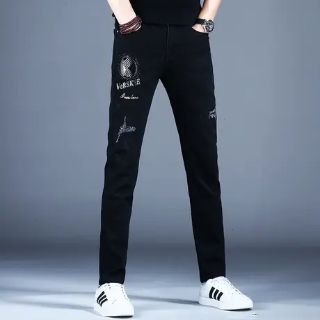 烫钻花破洞黑色牛仔裤男款弹力百搭高端潮牌秋款2023修身小脚裤子商品大图