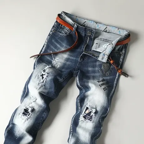 秋冬潮男士刮烂印花牛仔裤男修身直筒韩版潮男百搭长裤子弹力休闲商品大图