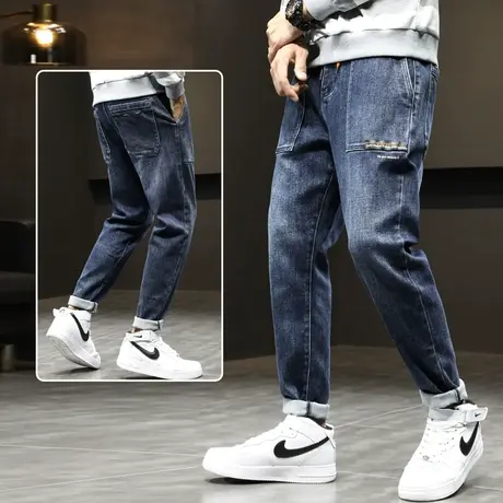 男裤秋冬季工装直筒裤男士牛仔裤宽松紧腰休闲长裤子潮牌冬天冬装商品大图