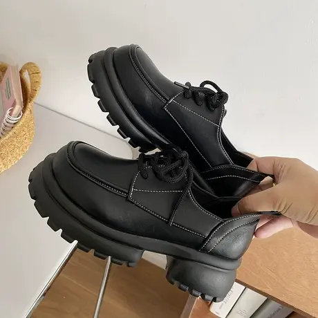 黑色厚底系带小皮鞋女2023年秋季新款英伦风复古百搭松糕圆头单鞋商品大图