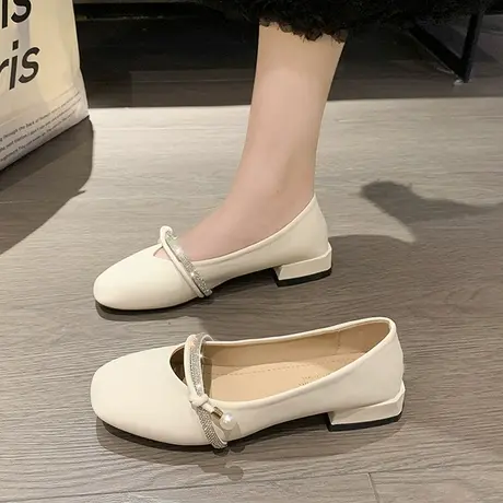 方头低跟单鞋女粗跟2023年秋夏季新款晚晚风温柔淑女仙女玛丽珍鞋图片