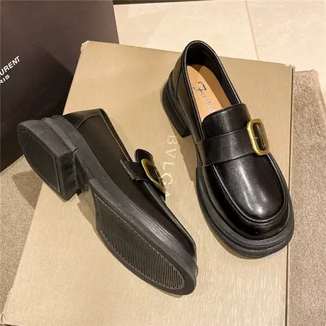 复古皮带扣2022年秋季新款英伦风小皮鞋女单鞋舒适一脚蹬乐福鞋潮商品大图