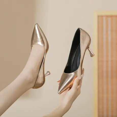 银色高跟鞋女2023年新款尖头浅口软皮法式气质单鞋细跟职业配裙子图片