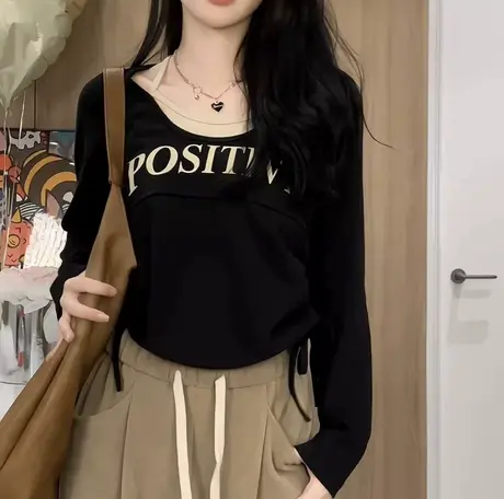 大码春秋款胖mm设计感假两件吊带长袖T恤女装内搭打底衫上衣200斤商品大图