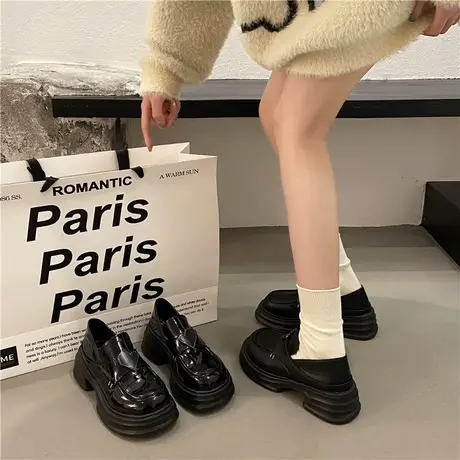 甜酷一脚蹬松糕厚底白色小皮鞋女2024年春秋季新款爱心英伦风单鞋商品大图