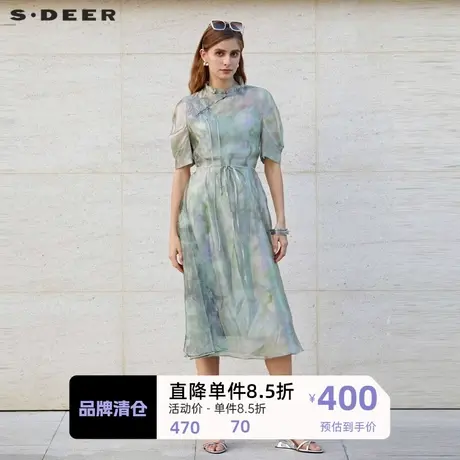 sdeer圣迪奥女装木耳边收腰新中式两件套连衣裙S232Z12AV图片