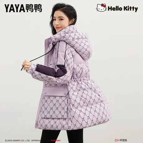 鸭鸭HELLO KITTY联名款羽绒服女2023年冬季新品中长款收腰外套J图片