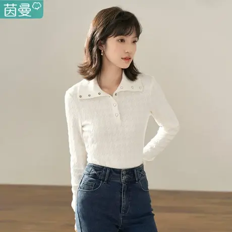 茵曼旗舰店翻领长袖T恤女士2023冬季新款修身显瘦别致小衫上衣图片