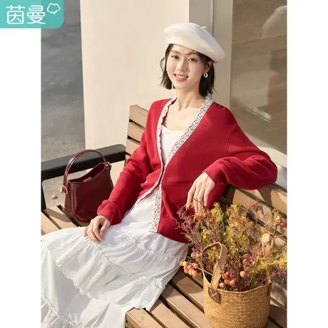 茵曼2023春春女装新款田园趣味拼接花边V领开衫宽松舒适长袖毛衣图片