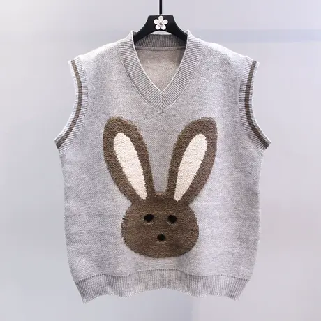 卡通兔V领针织马甲女秋冬2023新款宽松中长款设计感洋气毛衣背心商品大图
