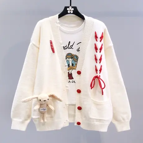 日系慵懒风卡通小兔毛衣外套女秋冬2023新款宽松设计感针织开衫图片