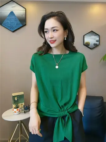 2023冰丝女装上衣针织T恤衫新款遮肉纯色韩版设计感下摆打结设计图片