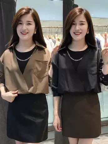 2023秋季新款港风衬衫女设计感小众拼接短款假两件上衣气质感秋装商品大图