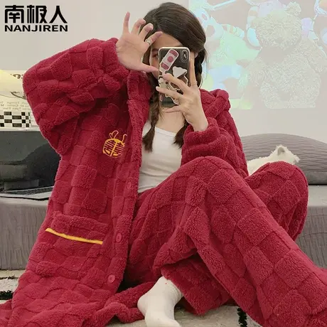 睡袍秋冬款女珊瑚绒加绒加厚法兰绒红色本命年嘻皮睡衣女冬季女款图片