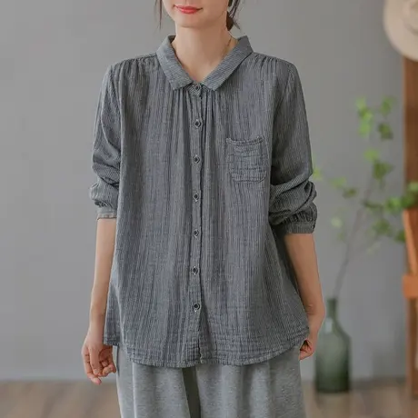 dza 复古竖条纹polo领衬衫女士2023春秋新款宽松长袖衬衣显瘦上衣图片