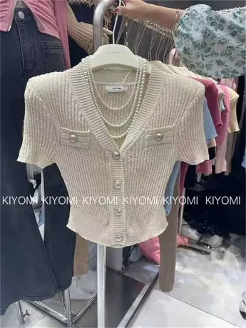 2023春夏新韩版小香风垫肩针织开衫外套上衣女短袖显瘦修身小衫潮商品大图