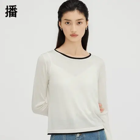 播圆领针织衫女2023秋冬新款韩版撞色设计感薄款毛衣DDQ4SD5290商品大图