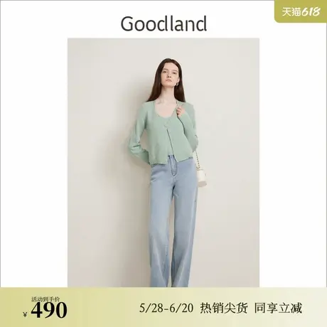 Goodland美地女装春季法式优雅亮丝羊毛混纺假两件针织衫图片