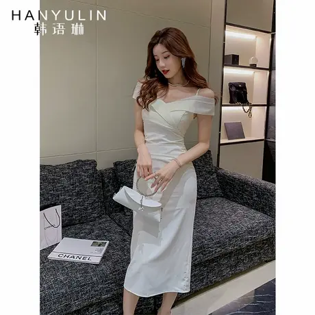 法式v领吊带连衣裙女秋季气质一字肩短袖裙子高腰开叉修身包臀裙图片
