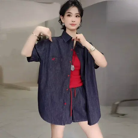 撞色休闲牛仔套装女2025春夏新款衬衫吊带背心阔腿短裤三件套装潮图片
