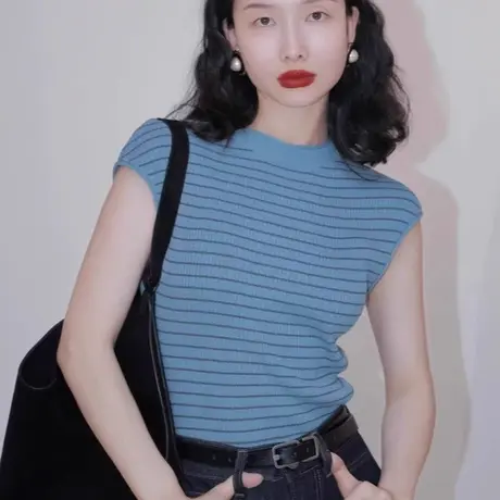 条纹冰丝薄款针织衫短袖女2025新款夏季韩系无袖背心修身显瘦上衣商品大图