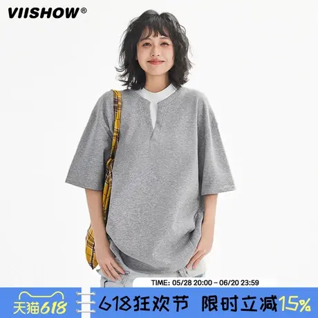 VIISHOW假两件V领短袖男夏小众设计感休闲T恤简约百搭五分袖上衣商品大图