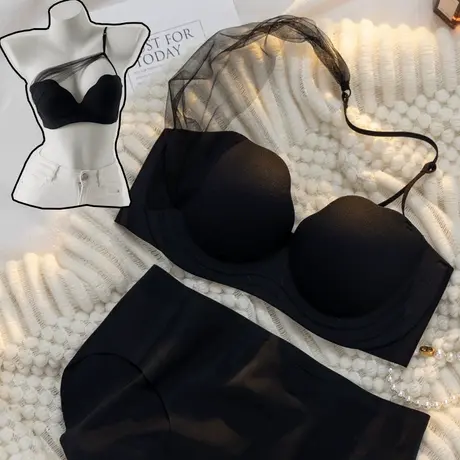 小胸聚拢内衣女舒适无痕性感露肩bra无钢圈收副乳防下垂文胸套装商品大图