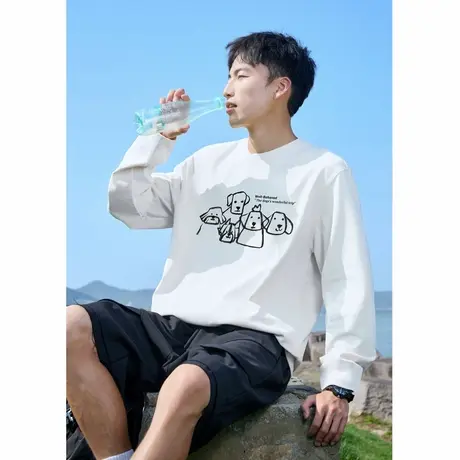唐狮2025春季新款长袖T恤男涂鸦印花潮酷圆领宽松上衣内搭打底衫t商品大图