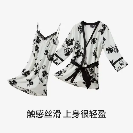茜施尔夏新款冰丝睡裙吊带女2件套睡袍系带收腰水墨印花丝质内衣S商品大图