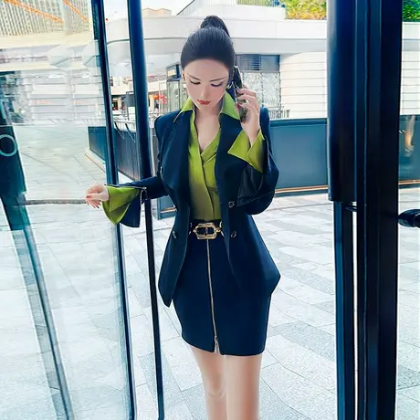 VJE春季V领外套性感一步裙两件套新款设计感叠穿OL西装套装女商品大图