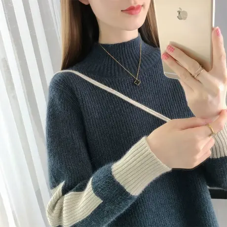 拼色半高领套头打底衫2023秋冬新款韩版慵懒风针织毛衣女宽松加厚商品大图
