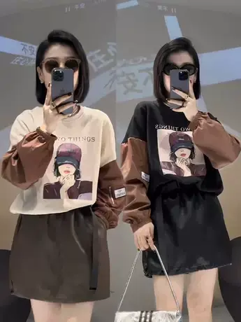 欧货设计感拼色薄款卫衣女2023秋季新款时尚宽松百搭减龄休闲上衣商品大图