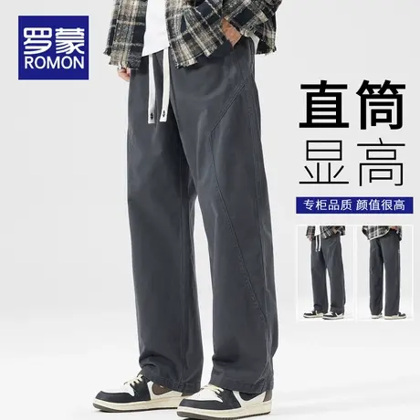 罗蒙纯棉男士宽松直筒休闲裤2025春季新款松紧腰抽绳阔腿长裤春秋商品大图