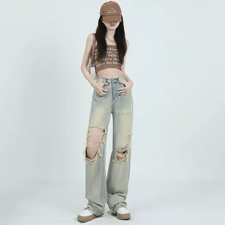 浅蓝色破洞窄版阔腿牛仔裤女夏季2023年新款设计感显瘦垂感拖地裤商品大图