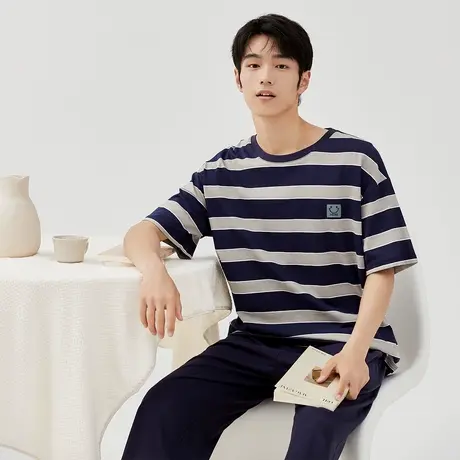顶瓜瓜男女情侣纯棉短袖短裤家居服套装顶呱呱可外穿条纹居家服商品大图