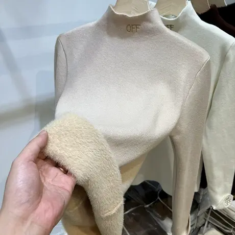 半高领字母刺绣加绒加厚针织衫女2022秋冬新款内搭一体绒打底毛衣商品大图