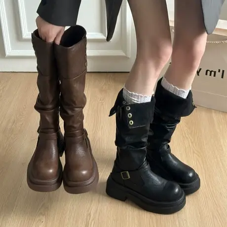 两穿百搭长筒靴女2025年新款气质小个子增高骑士靴粗跟显瘦堆堆靴商品大图