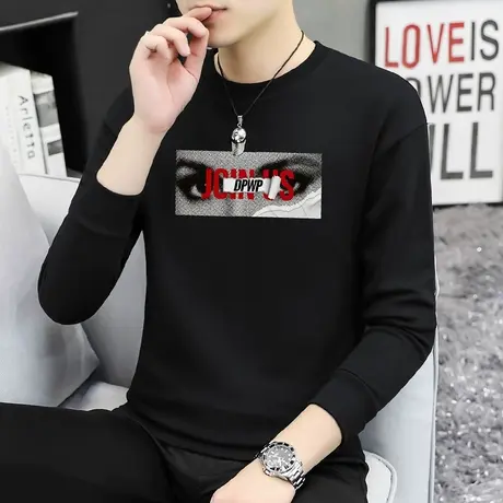 380g重磅纯棉卫衣男2023新款摇粒绒加绒加厚圆领无帽黑色长袖t恤商品大图