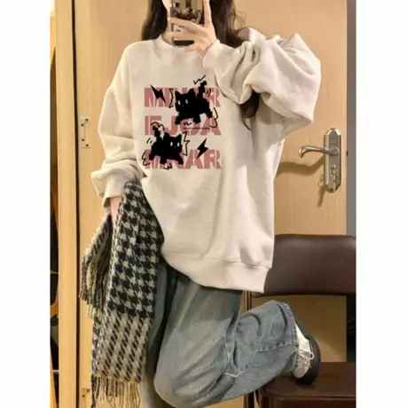 花灰色圆领重磅猫咪长袖卫衣女2025新款秋冬薄款宽松加绒加厚上衣商品大图