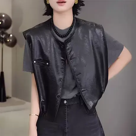 2025早秋气质简约圆领单排扣下摆松紧无袖马甲女时尚减龄百搭上衣图片