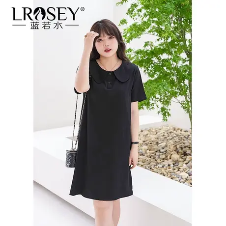蓝若水大码法式复古赫本风小黑裙胖mm夏装翻领气质显瘦中长连衣裙商品大图