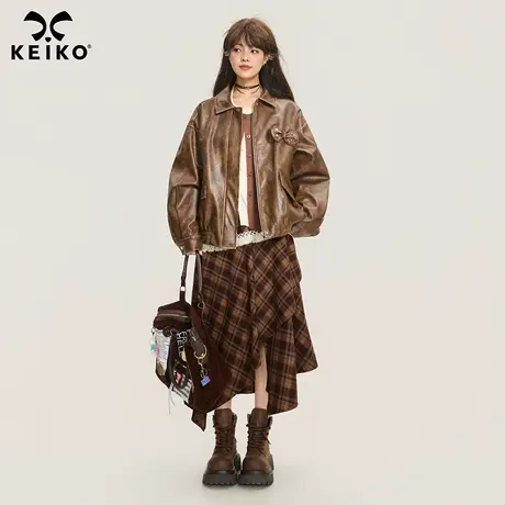 KEIKO 美拉德复古擦色皮衣短外套女25秋季机车风美式廓形pu皮夹克商品大图