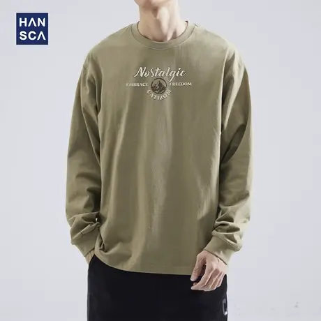 hansca 260g重磅美式复古长袖t恤男春秋季新款宽松纯棉印花打底衫商品大图