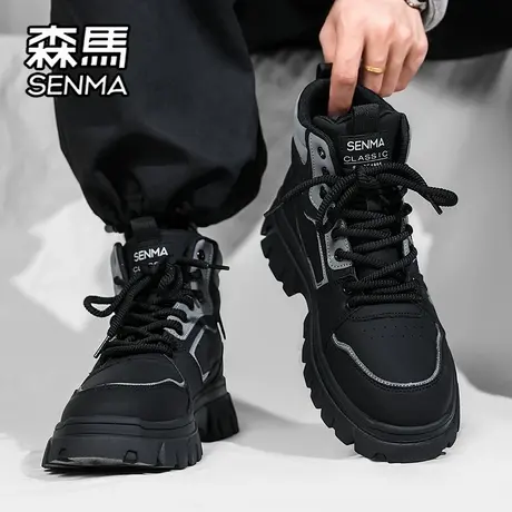 森马男鞋秋季户外登山防滑耐磨运动厚底增高工装靴黑色高帮马丁靴商品大图