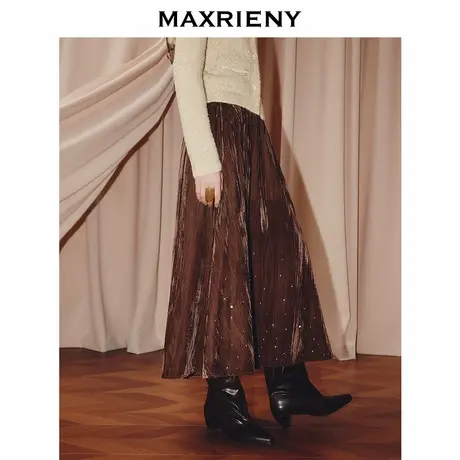 MAXRIENY乡村巴恩风穿搭烫钻丝绒散摆半裙25秋款高腰垂感中长裙图片