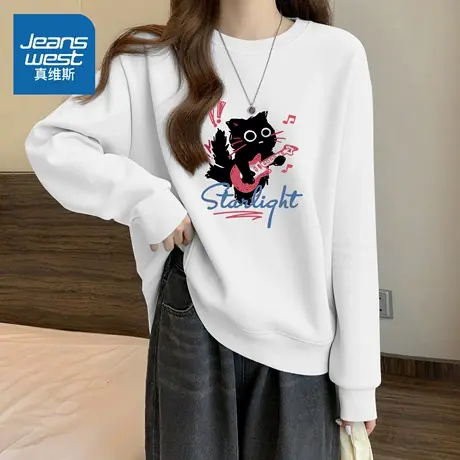 LB真维斯白色上衣女2025新款春秋款宽松大码学生党设计感套头卫衣商品大图