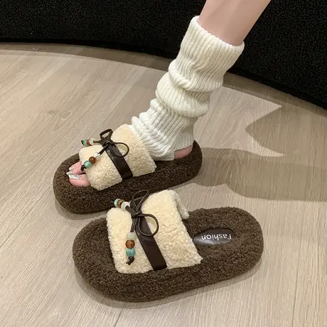 厚底羊羔毛毛拖鞋女外穿2025秋冬新款配裙子蝴蝶结保暖一字棉拖鞋商品大图