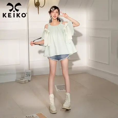 纯欲风绿色挂脖上衣女夏日多巴胺女孩穿搭辣妹性感露肩衬衫娃娃衫图片